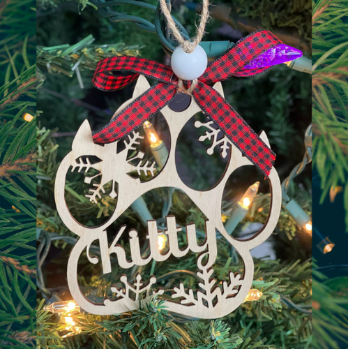 Personalized Paw Shaped Wood Christmas Ornament