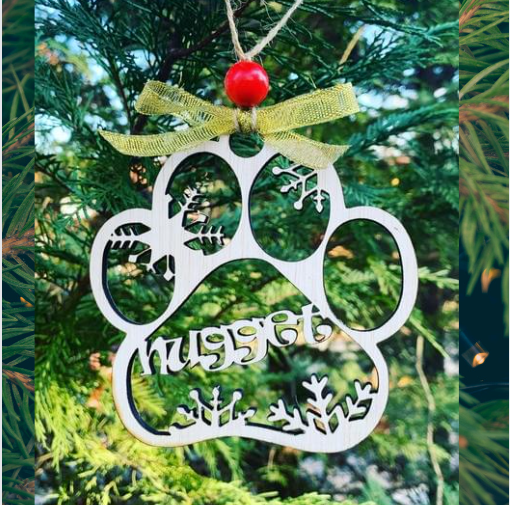 Personalized Paw Shaped Wood Christmas Ornament