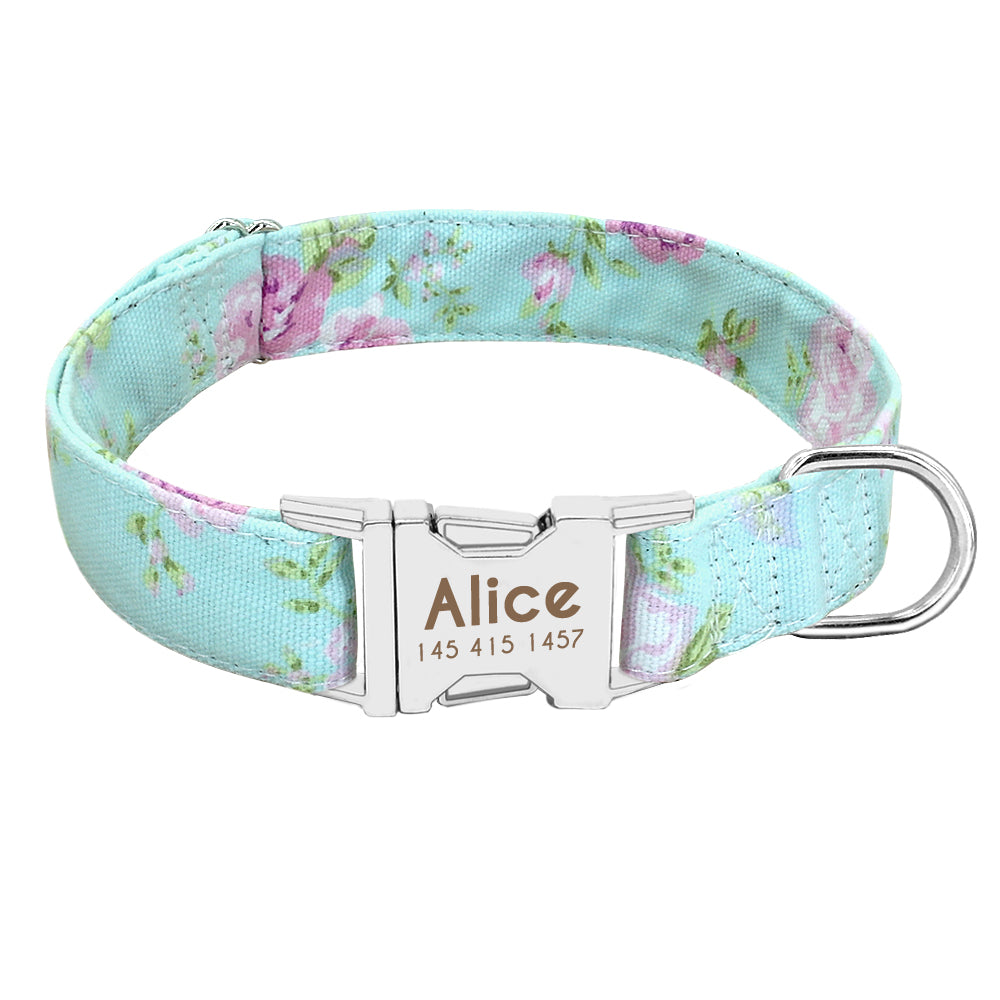 Floral Nylon Personalized Dog Collar Custom Gold Pet ID Name Plate Engraved Free Floral Nylon Personalized Dog Collar Custom Gold Pet ID Name Plate Engraved Free